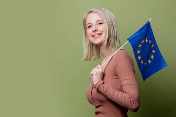 Beautiful woman with flag of Europe Union — Stock Photo, Image