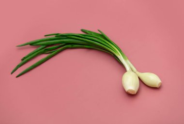 Pembe arka planda genç soğanlar 