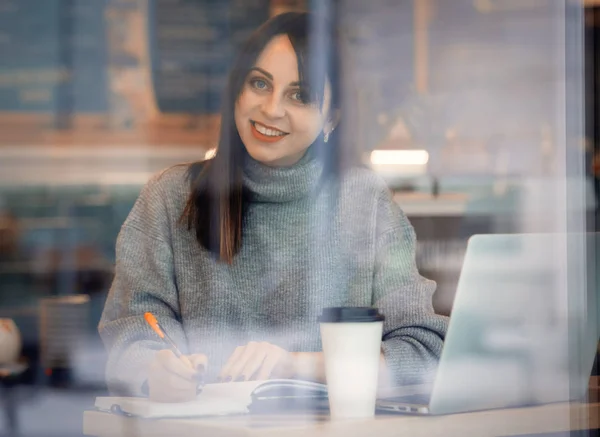 Donna bruna con computer portatile e notebook — Foto Stock