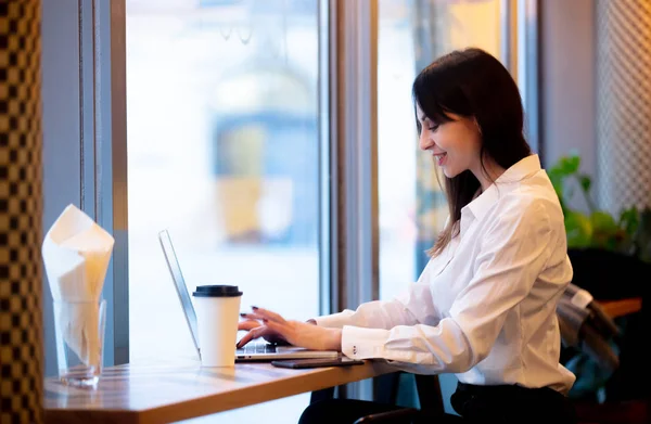 Donna bruna con computer portatile che lavora in un caffè — Foto Stock