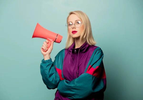 Style Blonde Woman Glasses Loudspeaker Blue Background — Stock Photo, Image