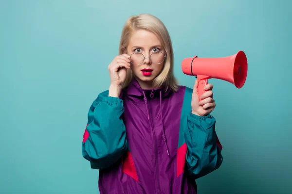 Style Blonde Woman Glasses Loudspeaker Blue Background — Stock Photo, Image