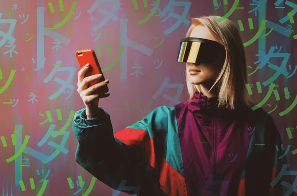 Blonde Glasses Mobile Phone 90S Sport Suit Japanese Hieroglyphs Aroud — Stock Photo, Image