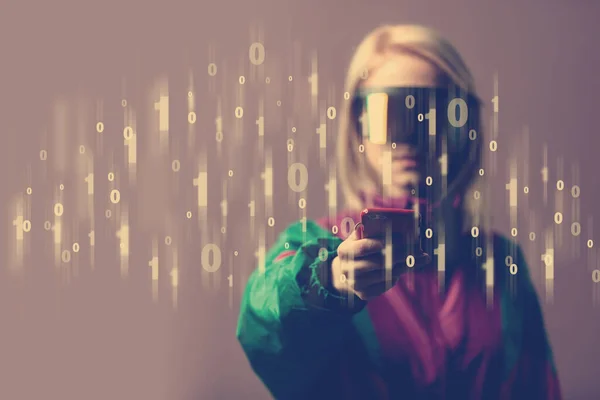Blonde Glasses Holds Mobile Phone Binary Code Foreground — Stock Photo, Image
