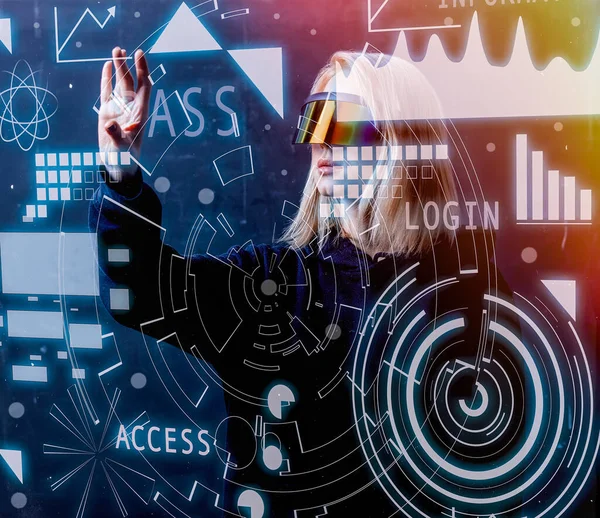 Female Programmer Works Personal Data Virtual Glasses — Stock Photo, Image