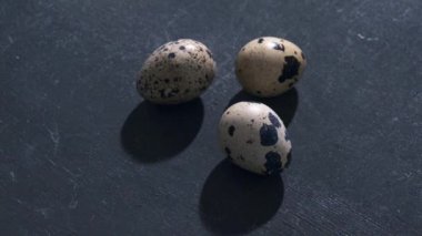 Çiğ bıldırcın yumurtası ve gri arka planda plastik kutu.