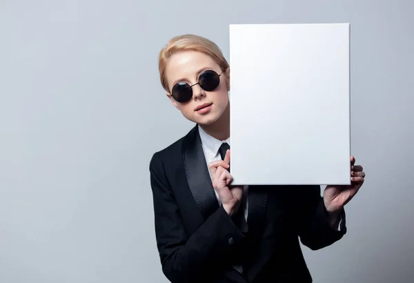 Style Businesswoman Classic Black Business Suit Sunglasses White Board — Stock Photo, Image