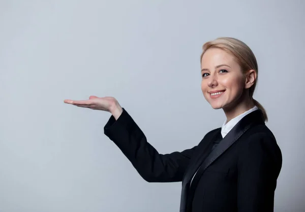 Smiling Businesswoman Classic Black Business Suit — Stock Photo, Image