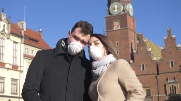 Young Couple Masks City Street Wroclaw — Stock Video