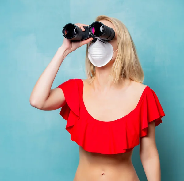 Blonde Woman Red Bikini Face Mask Binoculars Blue Background — Stock Photo, Image