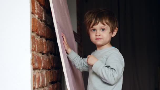 Mignon Tout Petit Garçon Dessin Sur Panneau Maison — Video