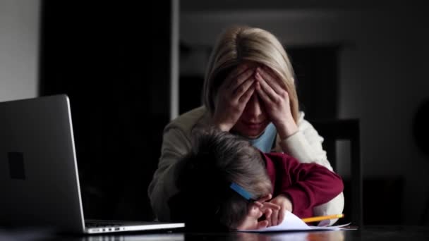 Young Mother Works Computer Home Her Child — Stock Video