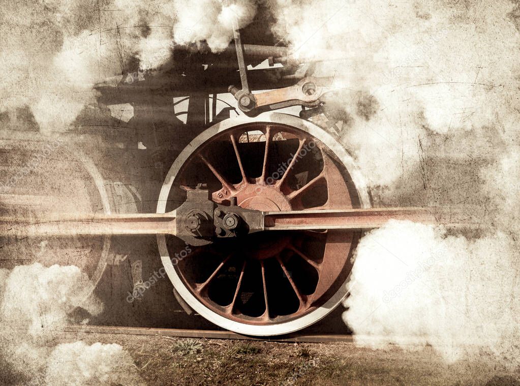 vintage trains with a steam on the move. Photo in old image color style