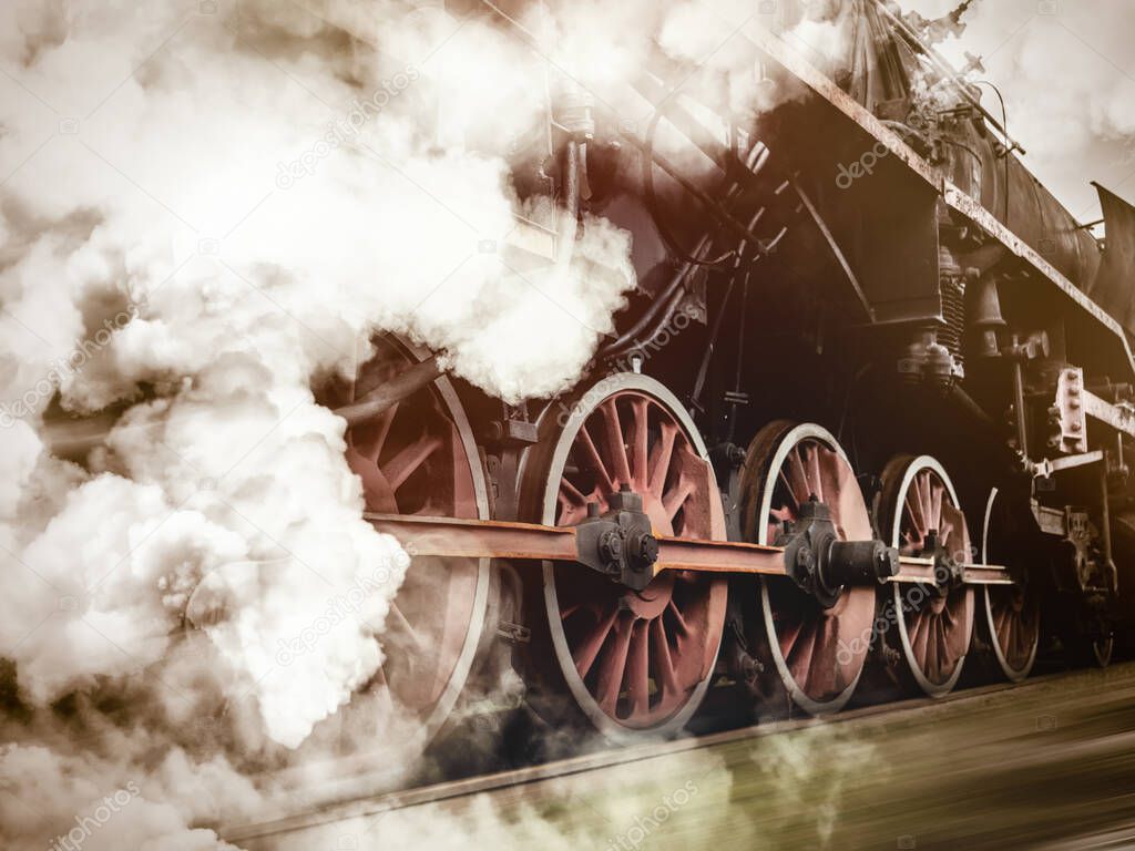 vintage trains with a steam on the move. Photo in old image color style