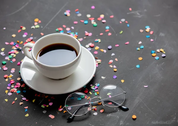 Cup Coffee Reading Glasses Confetti Table — Stock Photo, Image