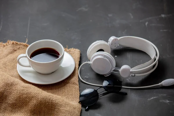 Cup Coffee Headphones Sunglasses Table — Stock Photo, Image