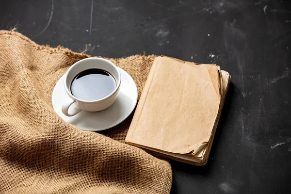 Cup Coffee Vintage Book Dark Table — Stock Photo, Image