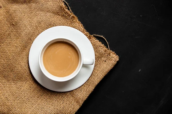 White Cup Coffee Jute Grains Dark Background — Stock Photo, Image
