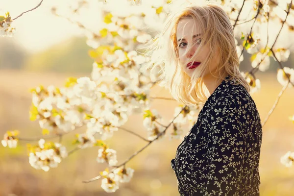 Ragazza Bionda Vicino Albero Fiore Campagna Tramonto — Foto Stock