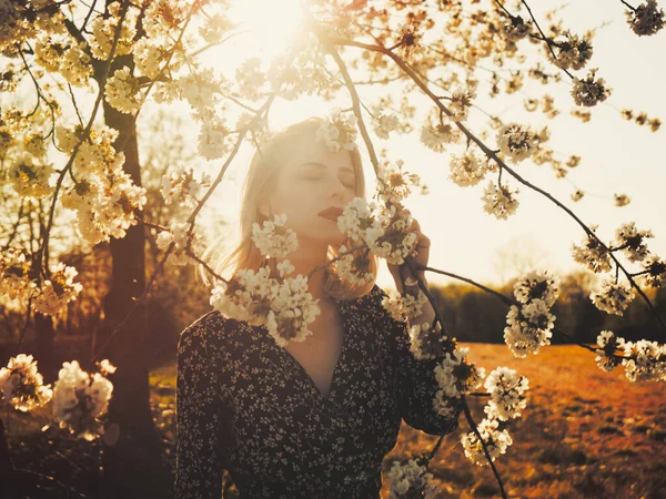 日没で田舎の花の木の近くのブロンドの女の子 — ストック写真
