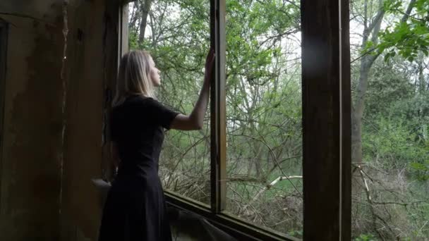 Жінка Стоїть Нею Назад Камери Біля Вікна Саду — стокове відео