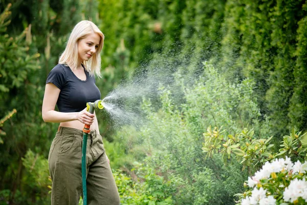 Blonde Girl Watering Her Garden Summer — Stock Photo, Image