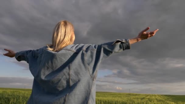 Vrouw Houdt Haar Handen Omhoog Een Tarweveld Zonsondergang Tijd — Stockvideo