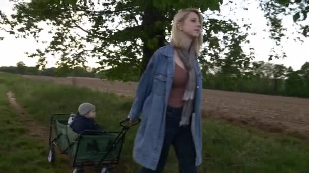 Mor Tar Sin Son Barnvagn Genom Ett Landsbygdsområde Promenad Efter — Stockvideo