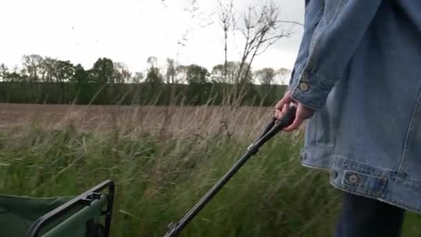 Mother Takes Her Son Stroller Rural Area Walk Quarantine — Stock Video