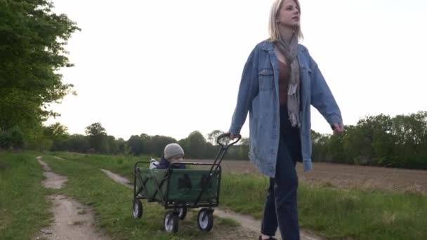 Moeder Neemt Haar Zoon Mee Een Wandelwagen Door Een Landelijk — Stockvideo