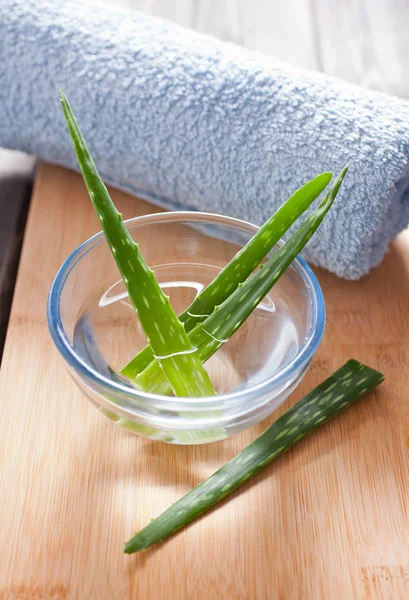 Detailní Záběr Listů Aloe Vera Esenciálního Oleje Dřevěné Pozadí — Stock fotografie