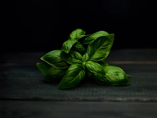 Basil Wooden Table Food Ingredients Still Life — Stock Photo, Image