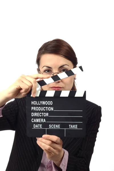 Woman with clapper board — Stock Photo, Image