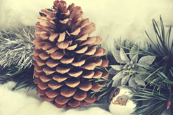 Elegant juldekoration med snö kottar och grön tall twig — Stockfoto