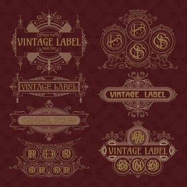 Eski vintage çiçek öğeleri - şeritler, Monogram, çizgili, çizgiler, açılar, sınır, çerçeve, etiket, logo