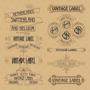 Eski vintage çiçek öğeleri - şeritler, Monogram, çizgili, çizgiler, açılar, sınır, çerçeve, etiket, logo