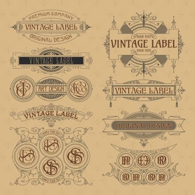 Eski vintage çiçek öğeleri - şeritler, Monogram, çizgili, çizgiler, açılar, sınır, çerçeve, etiket, logo