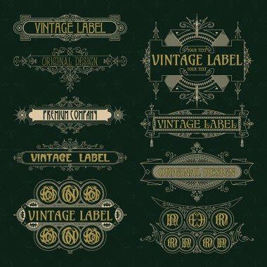 Eski vintage çiçek öğeleri - şeritler, Monogram, çizgili, çizgiler, açılar, sınır, çerçeve, etiket, logo