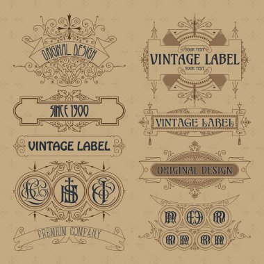 Eski vintage çiçek öğeleri - şeritler, Monogram, çizgili, çizgiler, açılar, sınır, çerçeve, etiket, logo