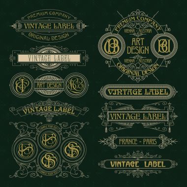 Eski vintage çiçek öğeleri - şeritler, Monogram, çizgili, çizgiler, açılar, sınır, çerçeve, etiket, logo