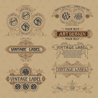 Eski vintage çiçek öğeleri - şeritler, Monogram, çizgili, çizgiler, açılar, sınır, çerçeve, etiket, logo