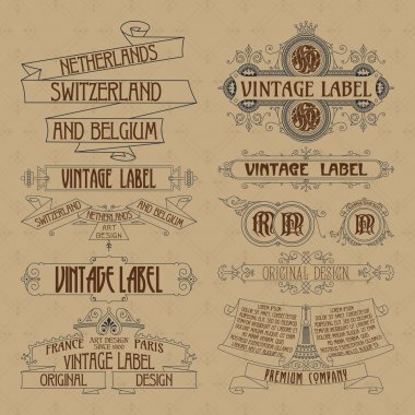Eski vintage çiçek öğeleri - şeritler, Monogram, çizgili, çizgiler, açılar, sınır, çerçeve, etiket, logo