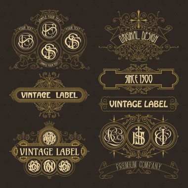 Eski vintage çiçek öğeleri - şeritler, Monogram, çizgili, çizgiler, açılar, sınır, çerçeve, etiket, logo