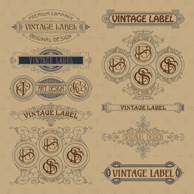 Eski vintage çiçek öğeleri - şeritler, Monogram, çizgili, çizgiler, açılar, sınır, çerçeve, etiket, logo