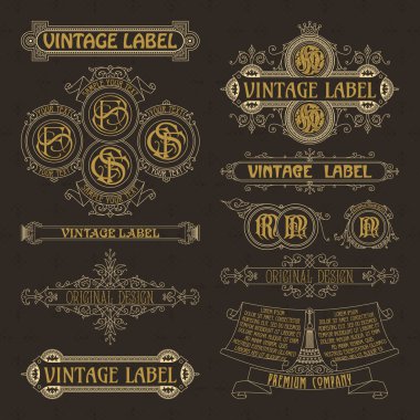 Eski vintage çiçek öğeleri - şeritler, Monogram, çizgili, çizgiler, açılar, sınır, çerçeve, etiket, logo