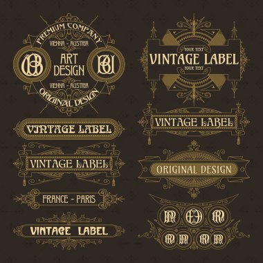 Eski vintage çiçek öğeleri - şeritler, Monogram, çizgili, çizgiler, açılar, sınır, çerçeve, etiket, logo