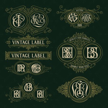Eski vintage çiçek öğeleri - şeritler, Monogram, çizgili, çizgiler, açılar, sınır, çerçeve, etiket, logo