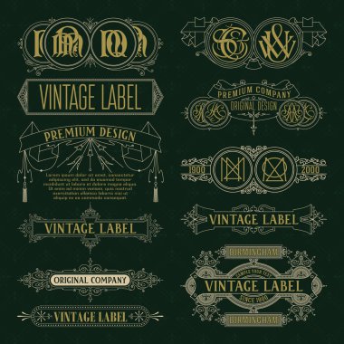 Eski vintage çiçek öğeleri - şeritler, Monogram, çizgili, çizgiler, açılar, sınır, çerçeve, etiket, logo