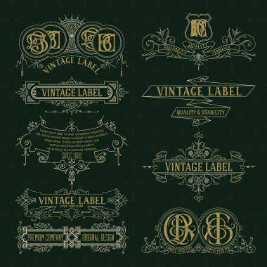 Eski vintage çiçek öğeleri - şeritler, Monogram, çizgili, çizgiler, açılar, sınır, çerçeve, etiket, logo