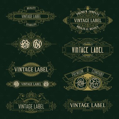 Eski vintage çiçek öğeleri - şeritler, Monogram, çizgili, çizgiler, açılar, sınır, çerçeve, etiket, logo